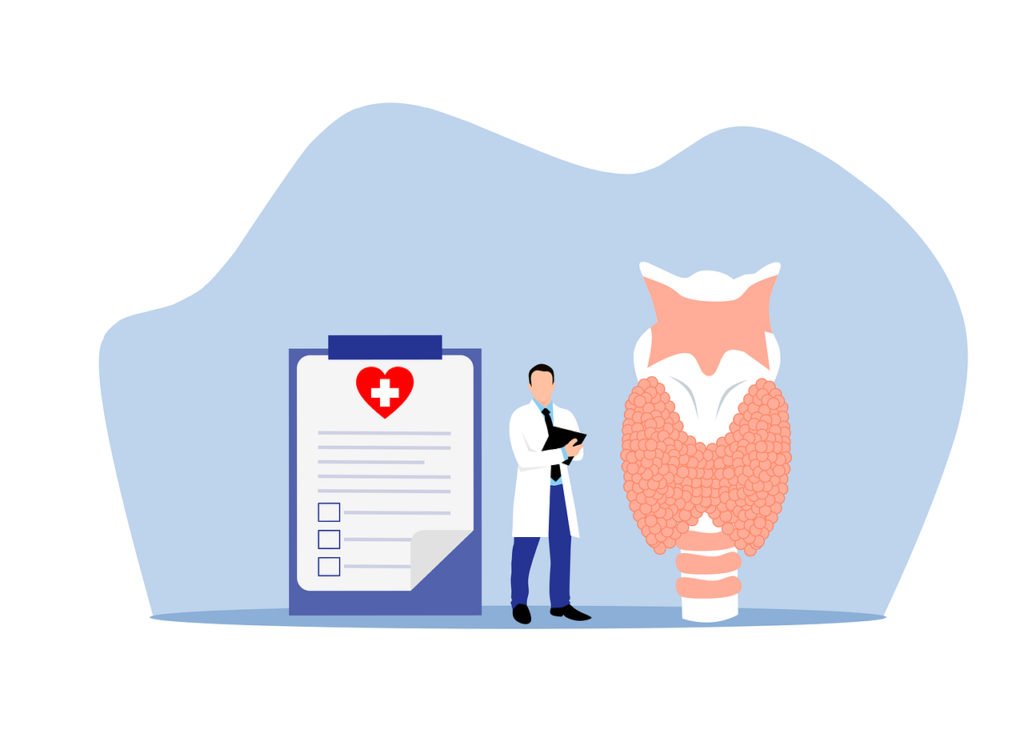 Illustration of a clipboard, doctor and thyroid